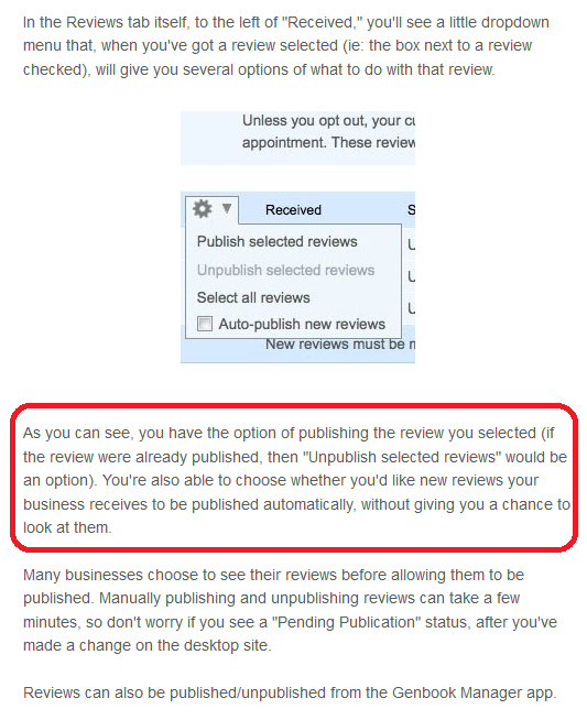 Screen shot of Genbook's instructions saying how to show or hide a review.